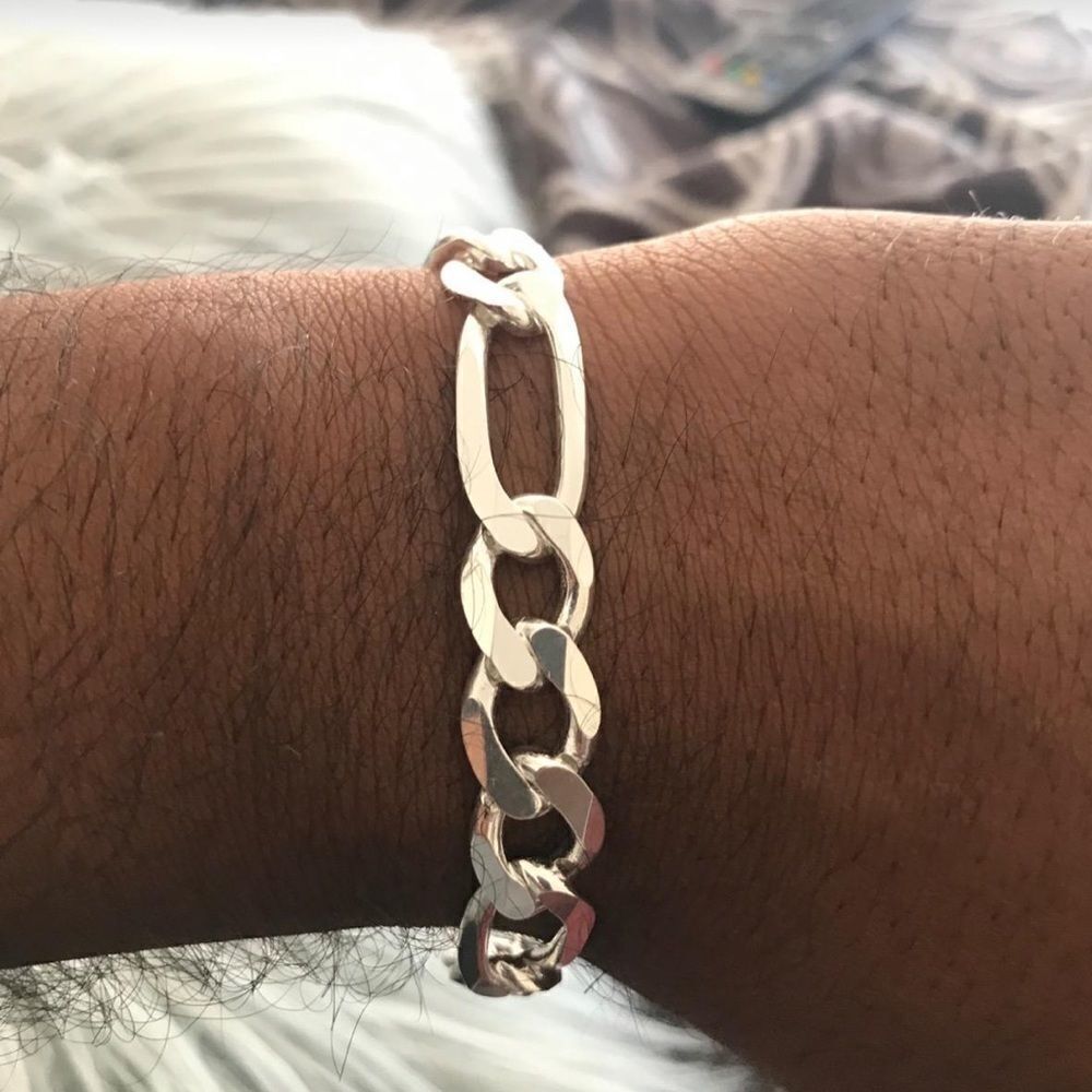 Large Solid Sterlingfigaro Chain Link Bracelet Se… - image 6